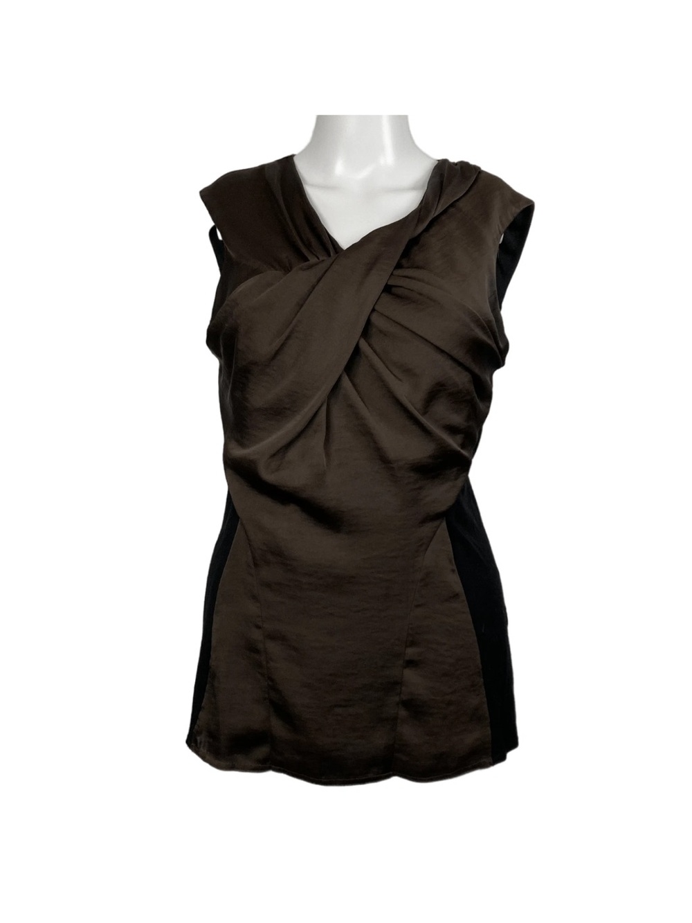 Vince Camuto Brown Sleeveless Twist-Front Blouse Black Panels Zip Back Size M